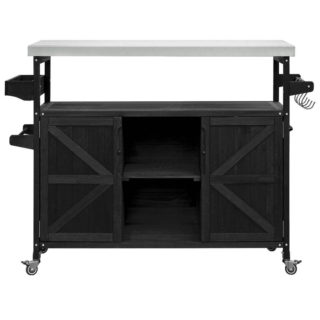 Outdoor Kitchen Island, Rolling Bar Cart & Storage Cabinet, Farmhouse Solid Wood Outdoor Grill Table with Stainless Steel Top, Spice Rack , Towel Rack for Kitchen & BBQ , Natural