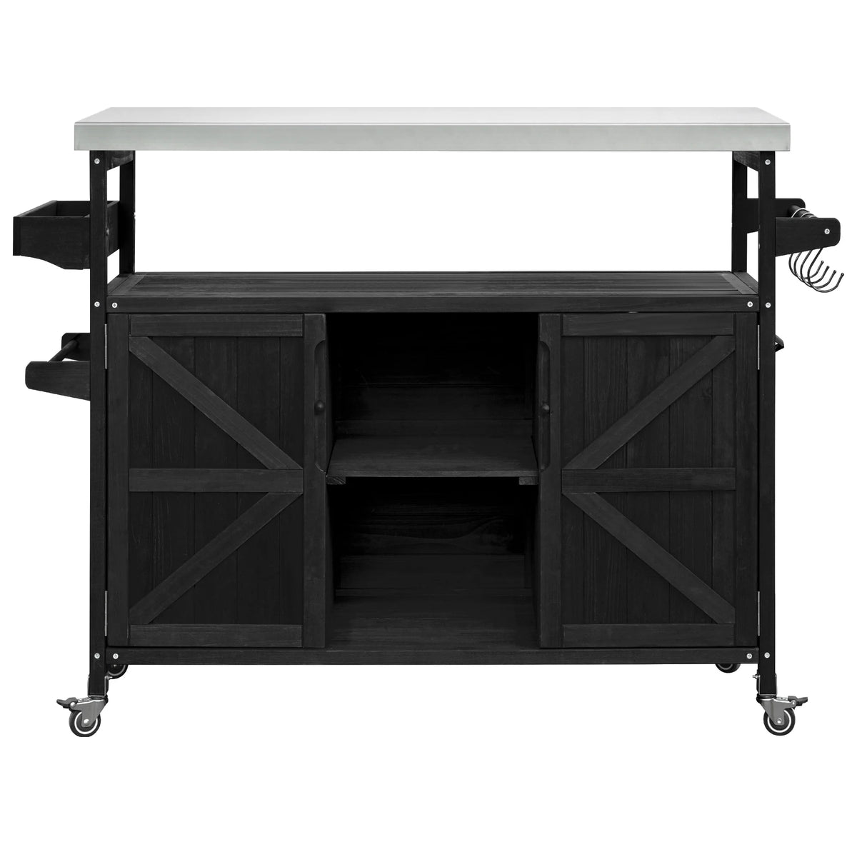 Outdoor Kitchen Island, Rolling Bar Cart & Storage Cabinet, Farmhouse Solid Wood Outdoor Grill Table with Stainless Steel Top, Spice Rack , Towel Rack for Kitchen & BBQ , Natural
