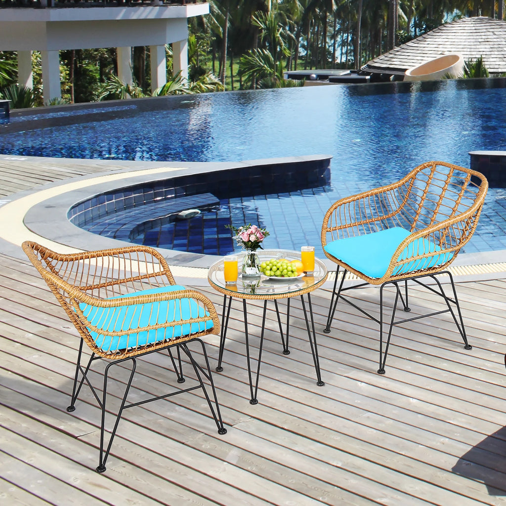 Costway 3PCS Patio Rattan Bistro Furniture Set Cushioned Chair Table Navy