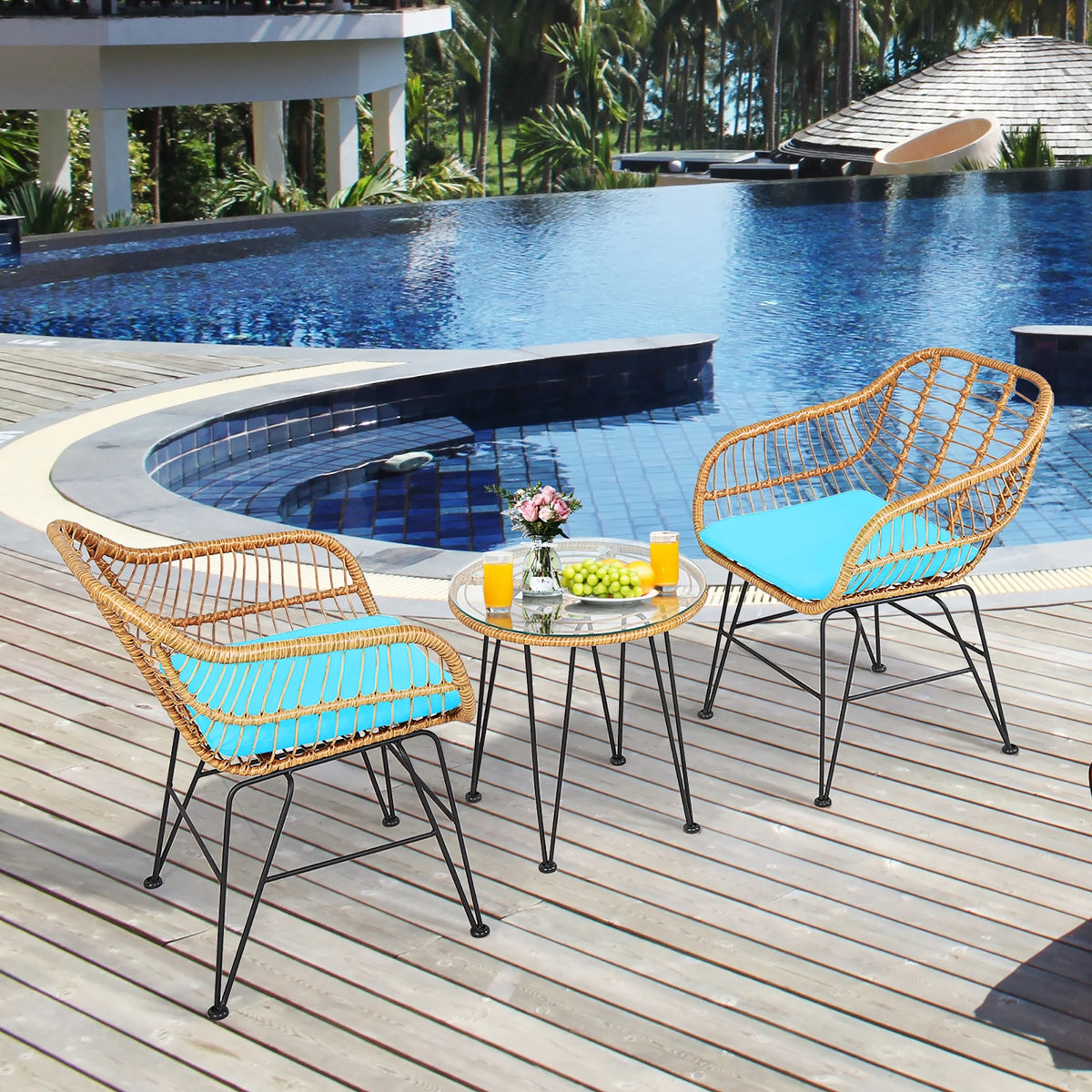 Costway 3PCS Patio Rattan Bistro Furniture Set Cushioned Chair Table Navy