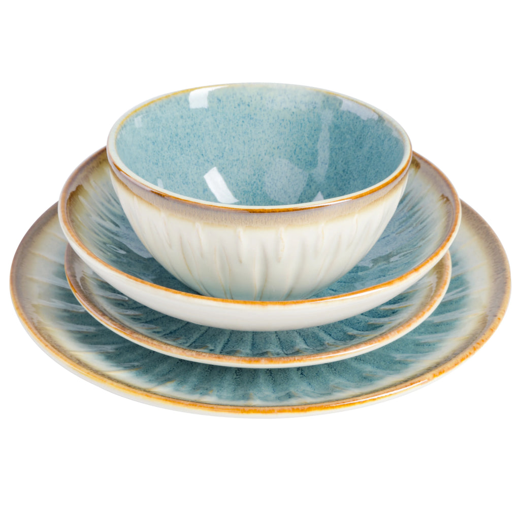 Gibson Elite Mayfair Bay 16 Piece Double Bowl Embossed Reactive Dinnerware Blue