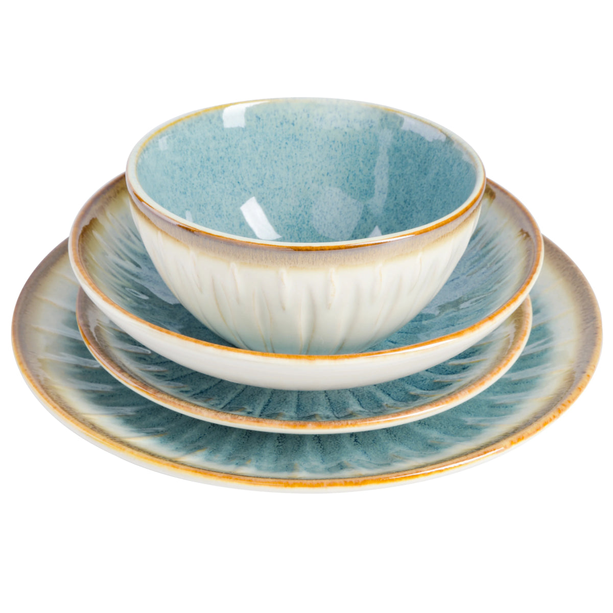Gibson Elite Mayfair Bay 16 Piece Double Bowl Embossed Reactive Dinnerware Blue