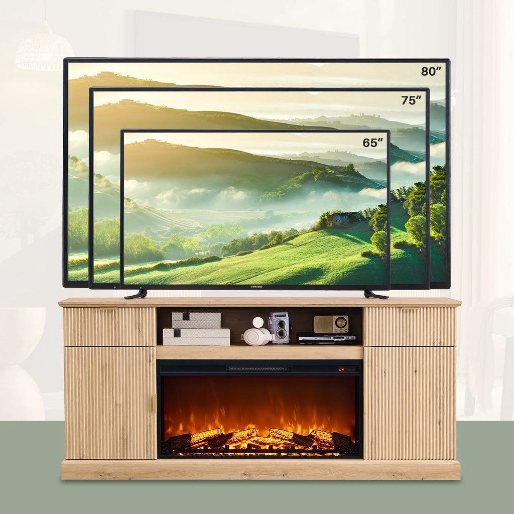 SinCiDo Fluted Fireplace TV Stand for 80 inch, Entertainment Center with 36" Electric Fireplace, 2 Drawers and Adjustable Shelves, Wood TV Stand for Living Room