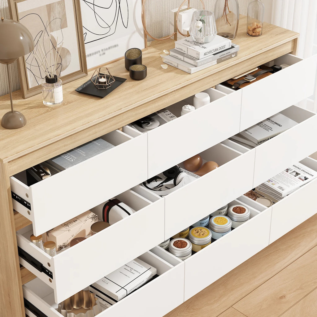 KULAGAGA 9 Drawer Dresser Chest of Drawers, 63 Wide Dressers, Modern Wood Drawer Chest Storage Organizer, No Handle Design for Bedroom Living Room Hallway, White