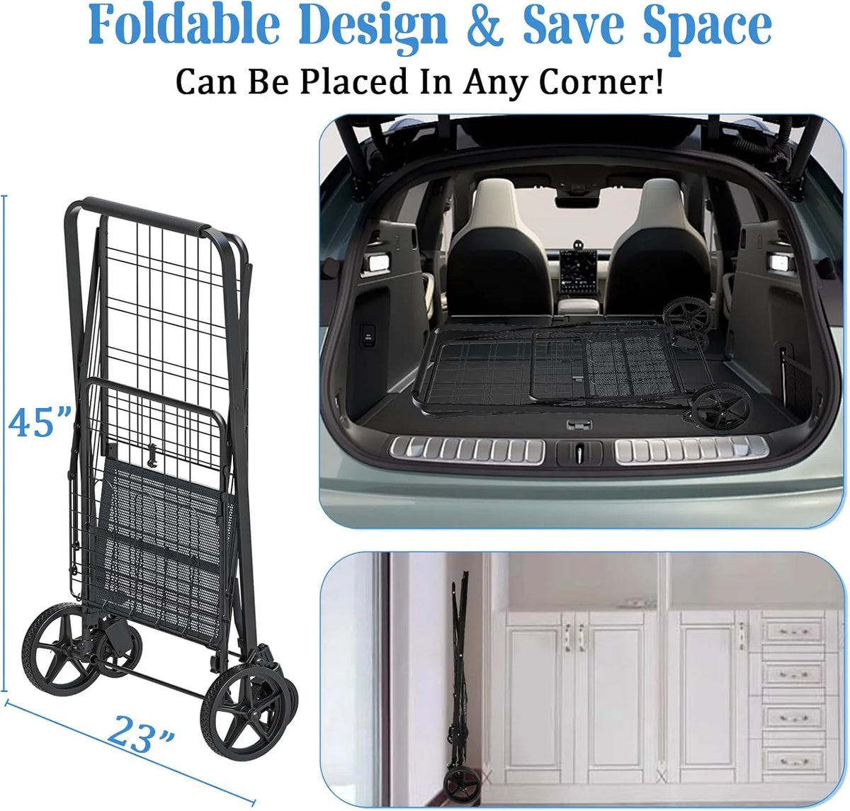 Heavy Duty Folding Shopping Cart for Groceries, Jumbo Double Basket with 360 Swivel Wheels & Waterproof Bag, Portable Utility Cart for Shopping, Laundry, Holds Up to 320 LBS