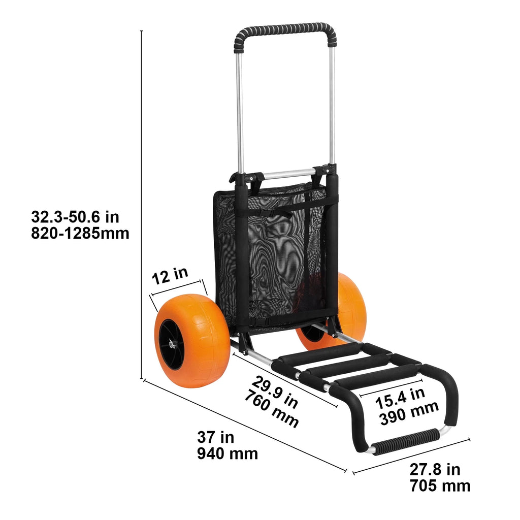 VEVOR Beach Dolly with Big Wheels for Sand, 29.9" x 15.4" Cargo Deck, w/ 12" Solid Wheels, 165LBS Loading Capacity Folding Sand Cart & 27" to 44.7" Adjustable Height, Heavy Duty Cart for Beach