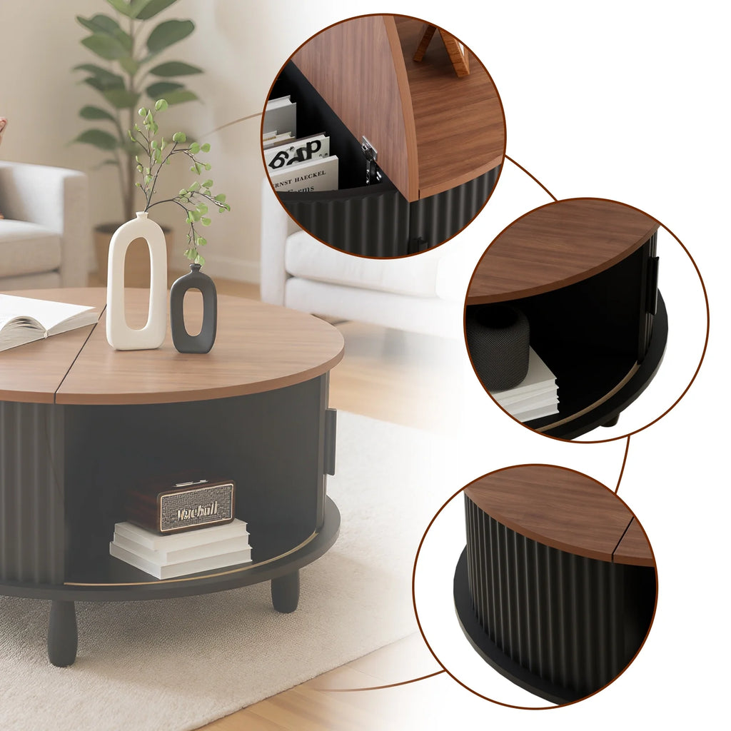 RUMLIVE Round Coffee Table with Storage, 30.7" Modern Coffee Table with 360 Curved Sliding Door, Fluted Wood Coffee Table with Footpads, Round Center Table for Living Room, Black
