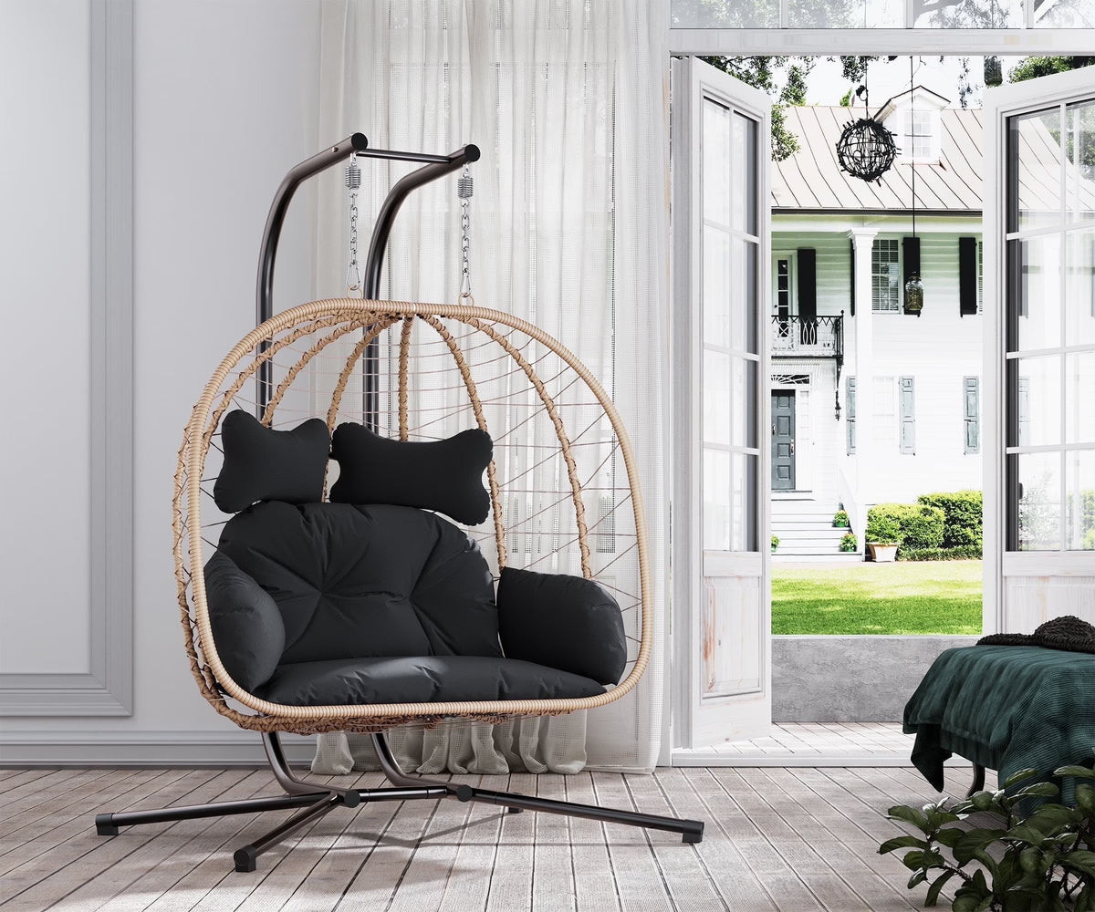 Bifanuo Double Wicker Swing Egg Chair Hammock Foldable Hanging Loveseat with Stand, UV Resistant Removable Cushions, 700LBS Capacity for Bedroom, Balcony (Black and Beige)