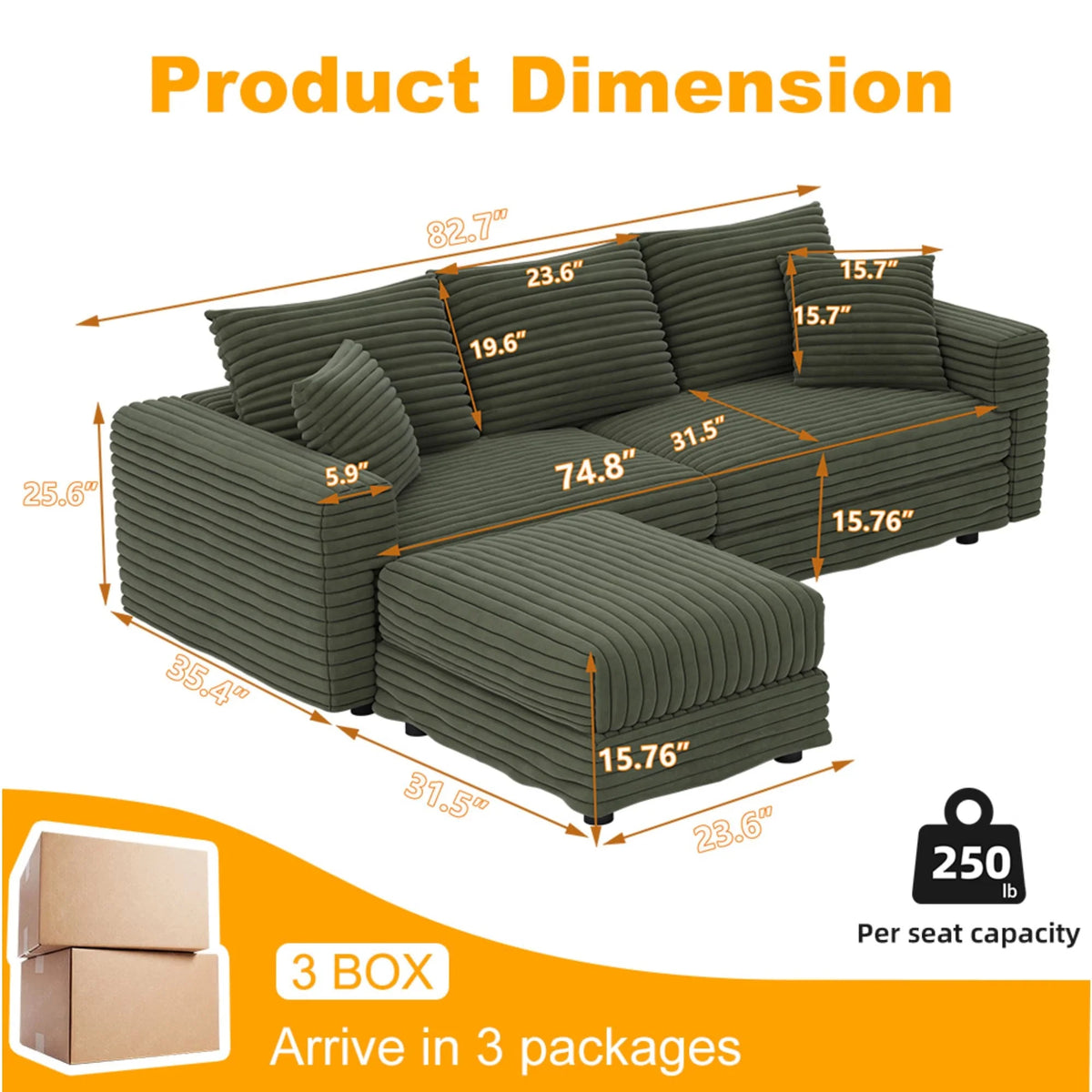 Alvantor 4-Seat Sofa 102" W Corduroy Upholstered Deep Seat Couches Convertible Chaise for Living Room, Apartment Grey