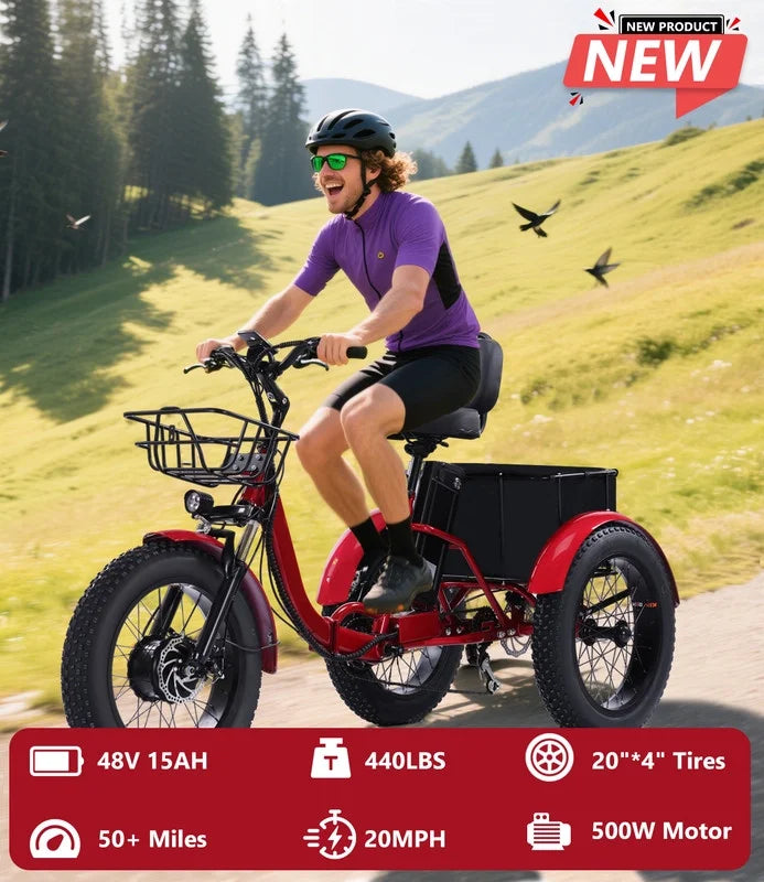 YEBEI Electric Tricycle for Adults Folding E-Trike Motorized Tricycle Electric 3 Wheels Trike Powerful 500W Motor Electric Tricycle 48V15AH Lithium Battery Max 20MPH 20*4.0 Fat Tire Orange