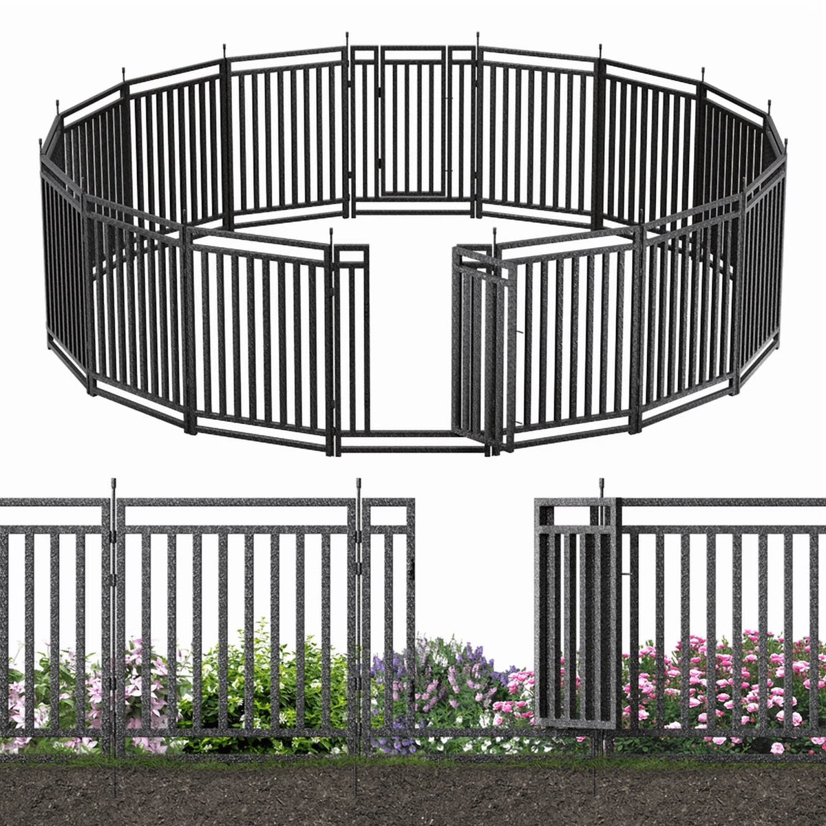 Petorldog Decorative Garden Fence, 36ft x 40in, 14 Panels + 2 Gates, No Dig Metal Dog Fence for Yard | Black-Silver