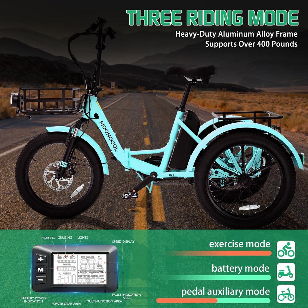 MOONCOOL TK1 Folding Electric Tricycle for Adults,48V 14.5Ah Removable battery, 500W Peak 1000w Motor, 20" Fat Tire Step-Thru 3Wheel Electric Bicycle w/Front&Rear Baskets, Certified to UL 2849 by SGS