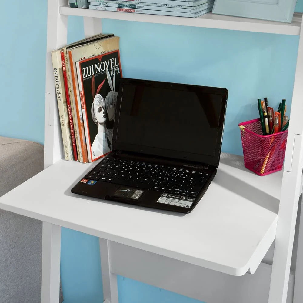 Haotian FRG60-W, White Ladder Shelf Desk, Bookcase, Book Shelf, Leaning Desk With Shelves, Wall Shelf