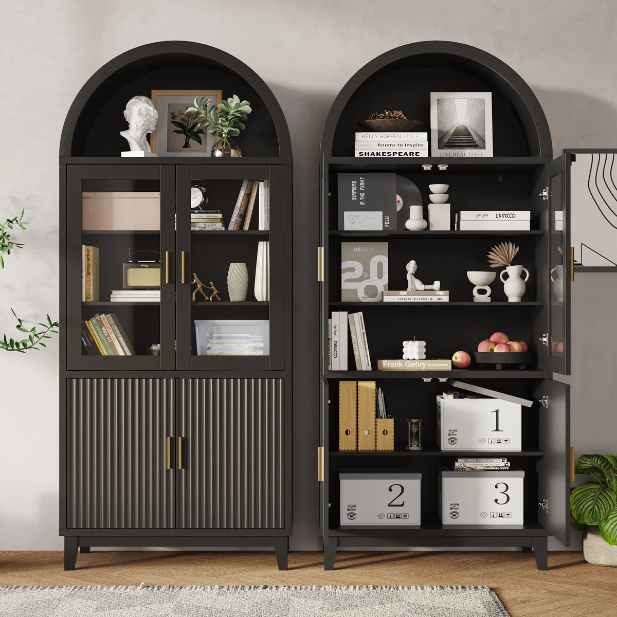 VEANERWOOD 71" Tall Arch Cabinet, Wood Fluted Kitchen Kitchen Storage Cabinet with 4 Doors and 6 Shelves for Dining Room Living Room