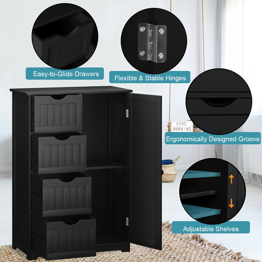 Bathroom Storage Wooden 4 Drawer Cabinet Cupboard 2 Shelves Free Standing White