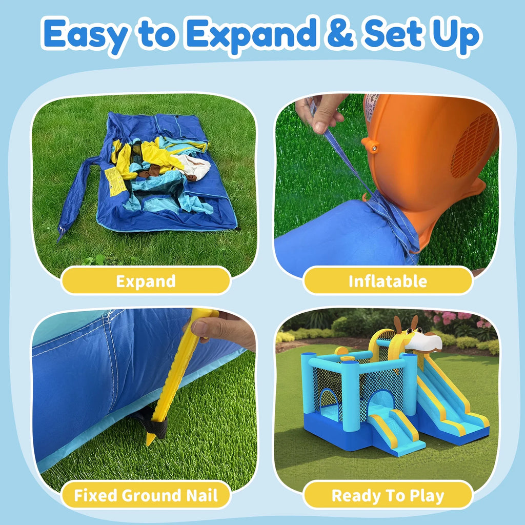 Mukidy 114''x 114'' x 92.5'' Inflatable Bounce Houses for Kids 3-10 with Blower Double Slide and Ball Pit/Indoor Bouncy House, PVC, Child, Teen, Toddler，Blue