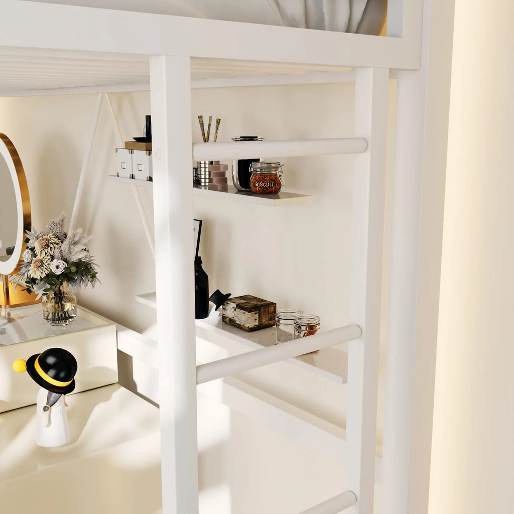 Einfach Metal Twin Size Loft Bed with Removable Ladder & Full-Length Guardrail, White