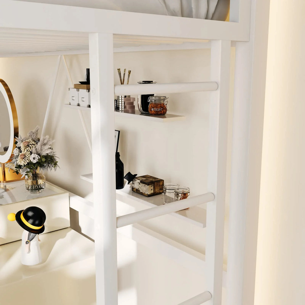 Einfach Metal Twin Size Loft Bed with Removable Ladder & Full-Length Guardrail, White