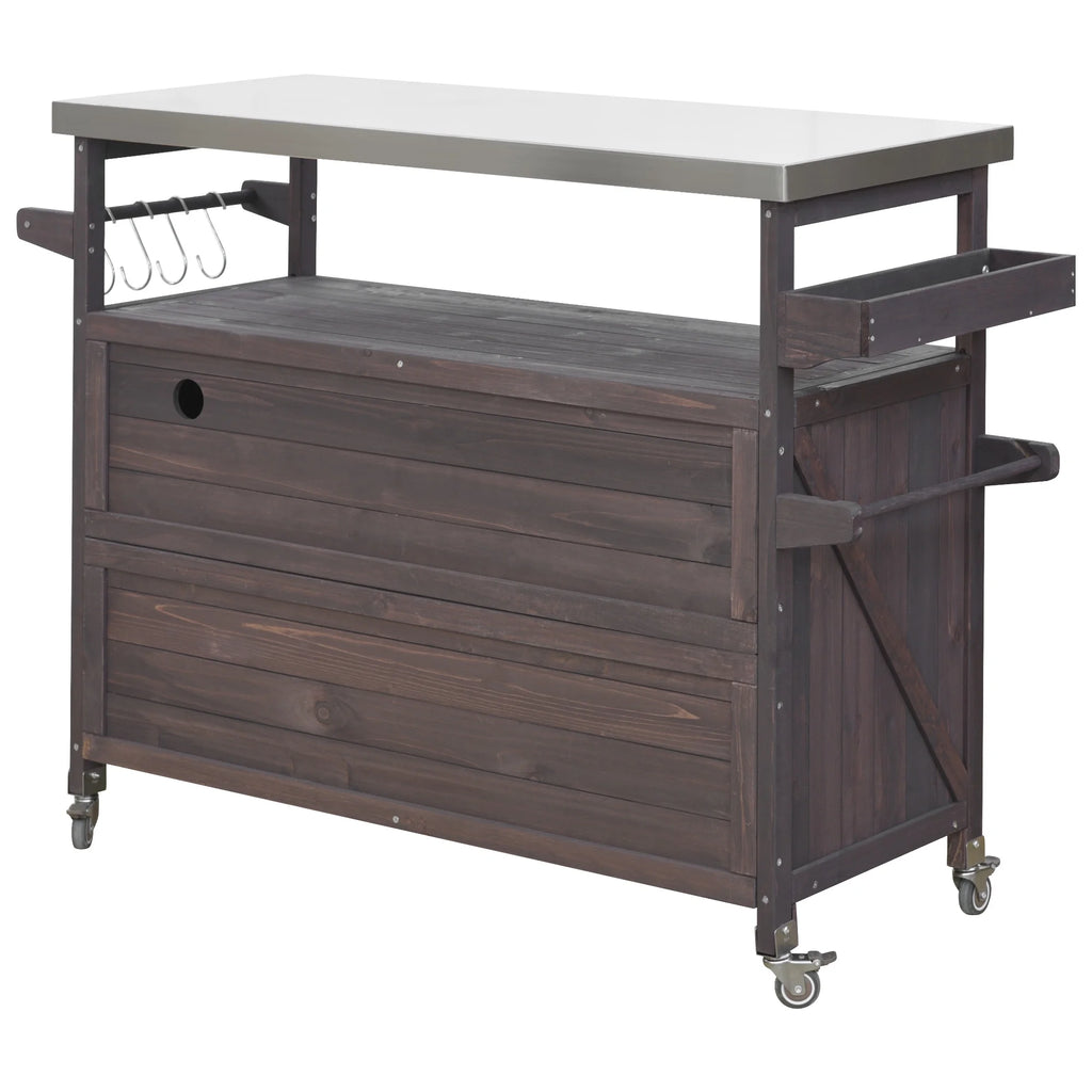 Outdoor Kitchen Island, Rolling Bar Cart & Storage Cabinet, Farmhouse Solid Wood Outdoor Grill Table with Stainless Steel Top, Spice Rack , Towel Rack for Kitchen & BBQ , Natural