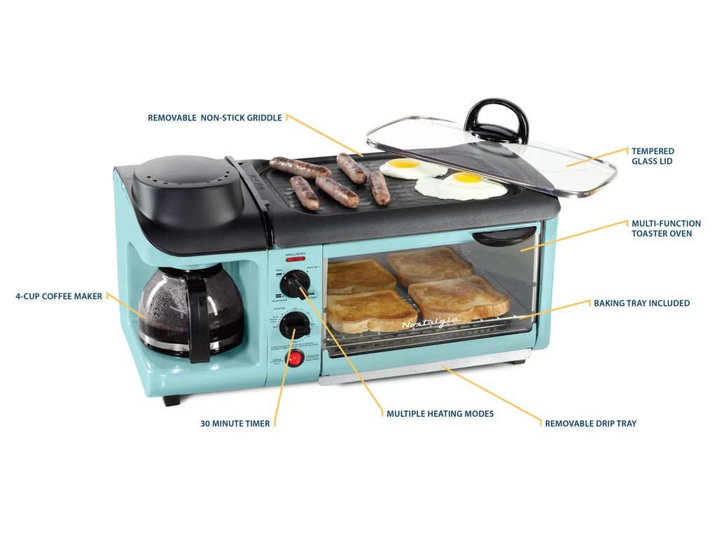 BST3AQ Retro 3-in-1 Family Size Electric Breakfast Station, Coffeemaker, Griddle, Toaster Oven - Aqua
