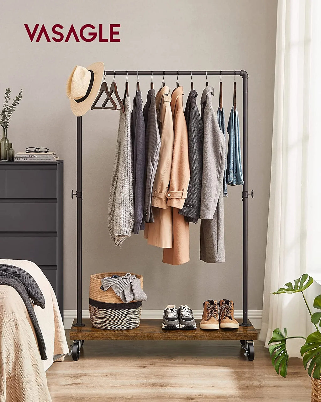 VASAGLE Clothes Rack Heavy Duty Clothing Rack Rolling Garment Rack with Shelf for Bedroom Laundry Room Retail Store Rustic Brown and Black