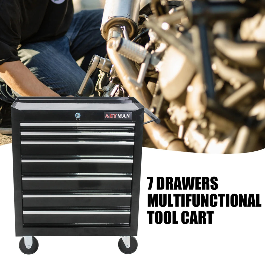 7-Drawer Rolling Tool Chest, Metal Tool Storage Organizer Cart with Locking System and Wheels, Multifunctional Mechanic Tool Cart for Garage, Warehouse, Workshop, Repair Shop, Red