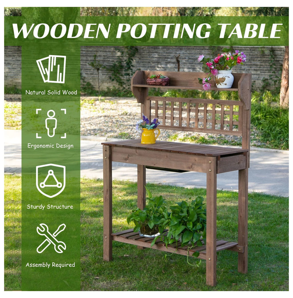 Wooden Potting Station with Storage & Sliding Tabletop - Garden Work Bench for Outdoor Planting - Durable Fir Wood - 39.25" x 17.75" x 55"