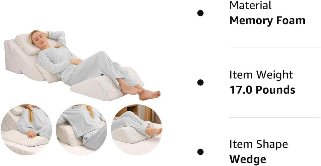 Tolead 5pcs Orthopedic Washable Bed Wedge Pillow Set, Adjustable Memory Foam, Sleeping, Reading, Gray