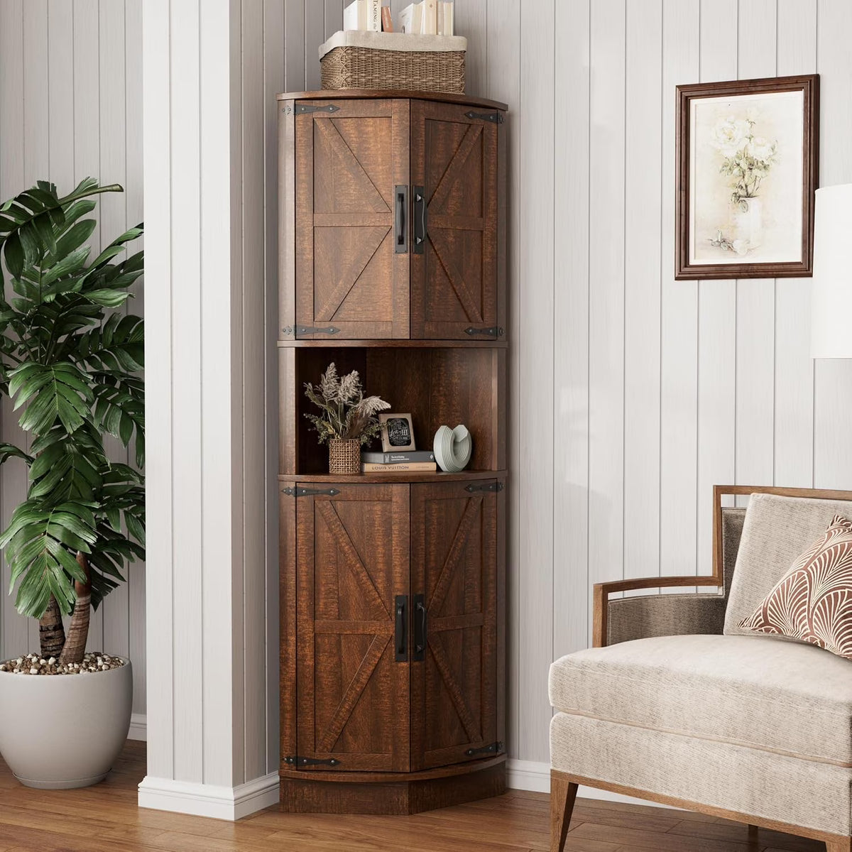 Vabches Farmhouse 64.8'' Tall Corner Cabinet with 4 Doors and 5 Storage Shelves for Kitchen, Living Room, White