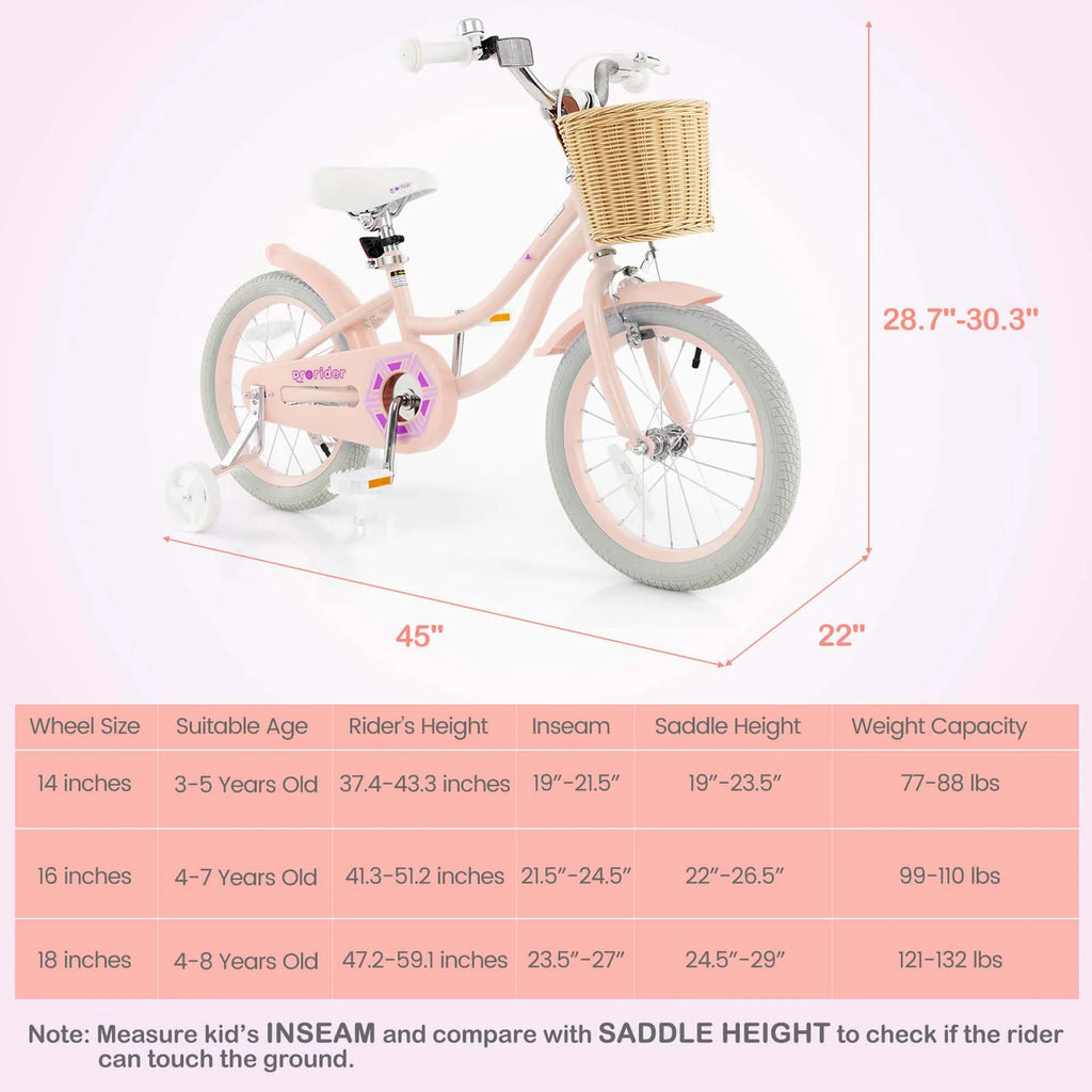 Prorider 16" Kid’s Bike with Training Wheels Adjustable Handlebar Seat Handbrake Pink