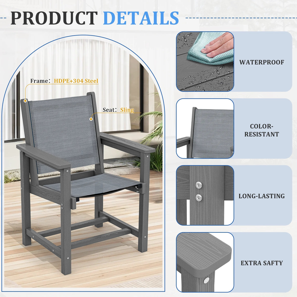 SERWALL Outdoor HDPE Dining Table Set, 7-Piece Outdoor Dining Table Sets with Umbrella Hole, Grey