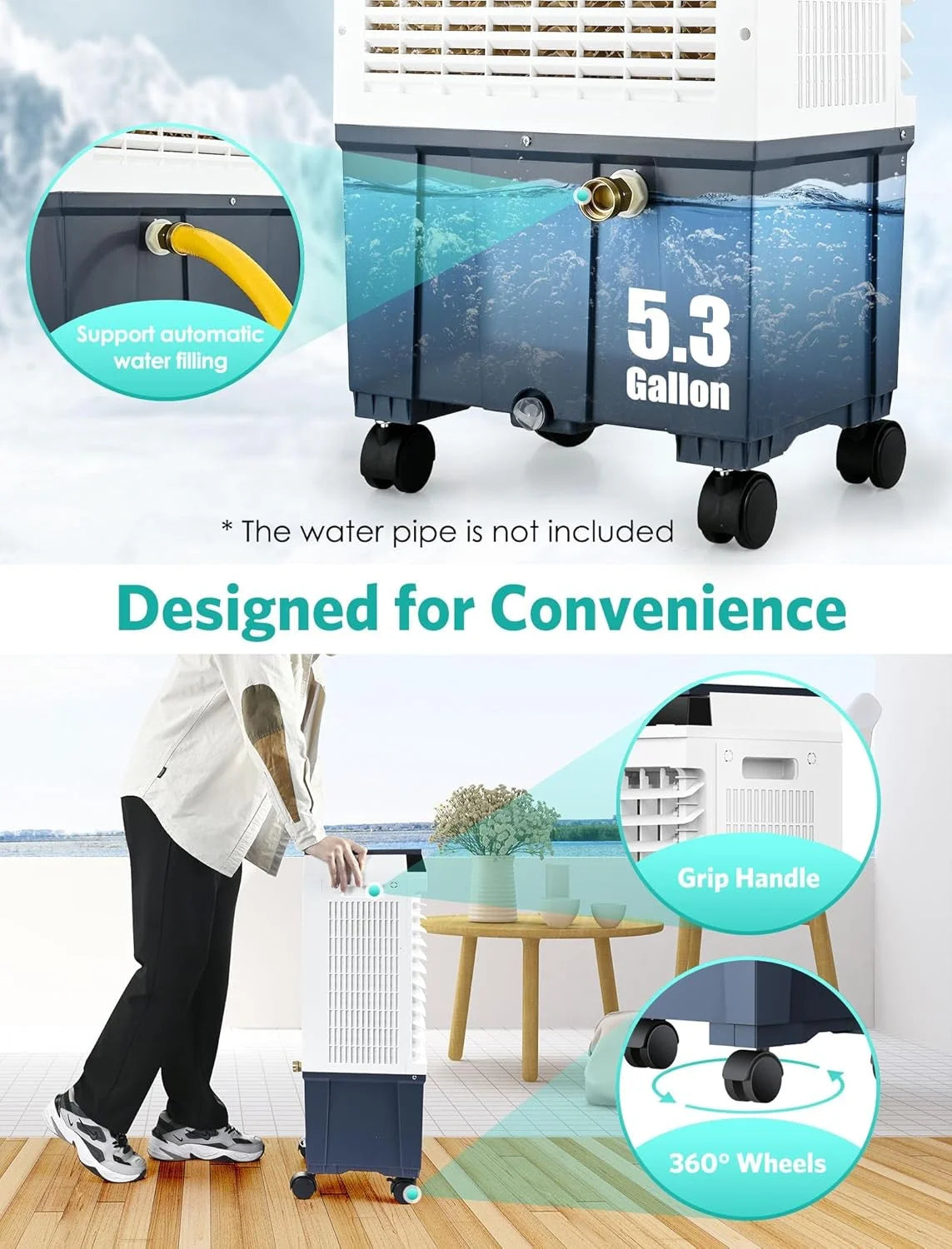 Air Choice Evaporative Air Cooler, 1800CFM Swamp Cooler with 12H Timer, Remote Control, 110 Oscillation & 5.3 Gal Water Tank, 4 Ice Packs, 3 Speeds, 3-in-1 Evaporative Cooler for Outdoor Indoor Use