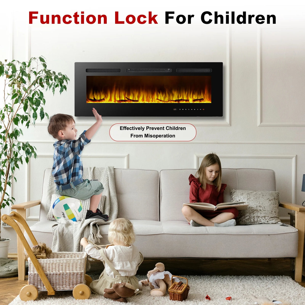 60" Electric Fireplace, Ultra-thin Recessed and Wall Mounted Fireplace, Linear Fireplace with Timer Remote Control Adjustable Flame Color 750w/1500w Black