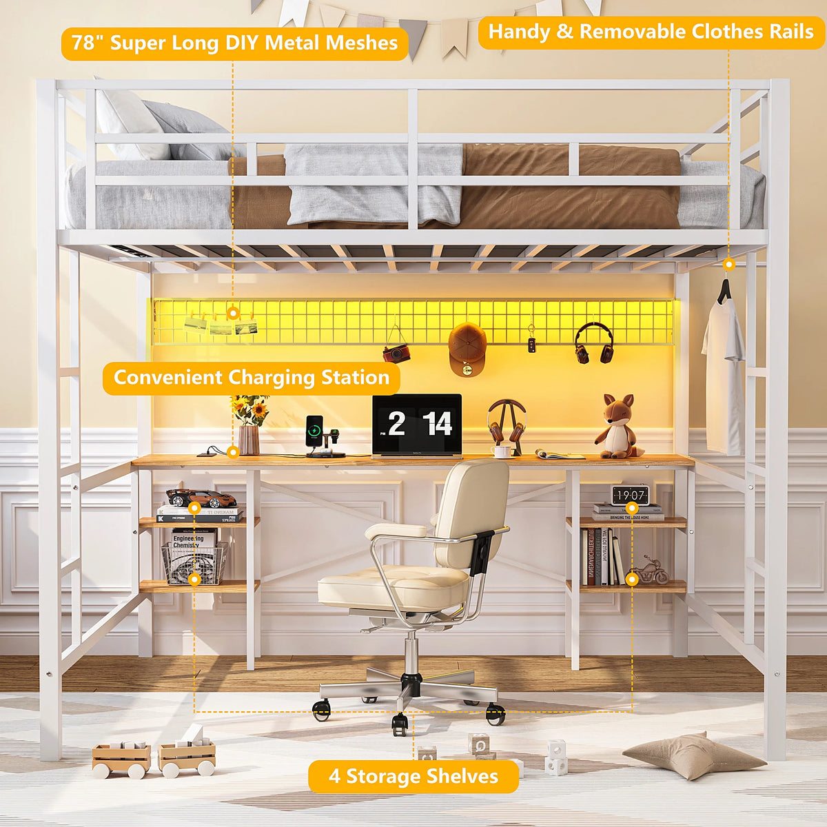 Twin Loft Bed with Desk, UHOMEPRO Metal Loft Bed with LED Lights, Charge Station, DIY Mesh, Clothes Rail, 4 Storage Shelves, Safety Rails and 2 Ladders, Loft Bed for Teen Adult, Black