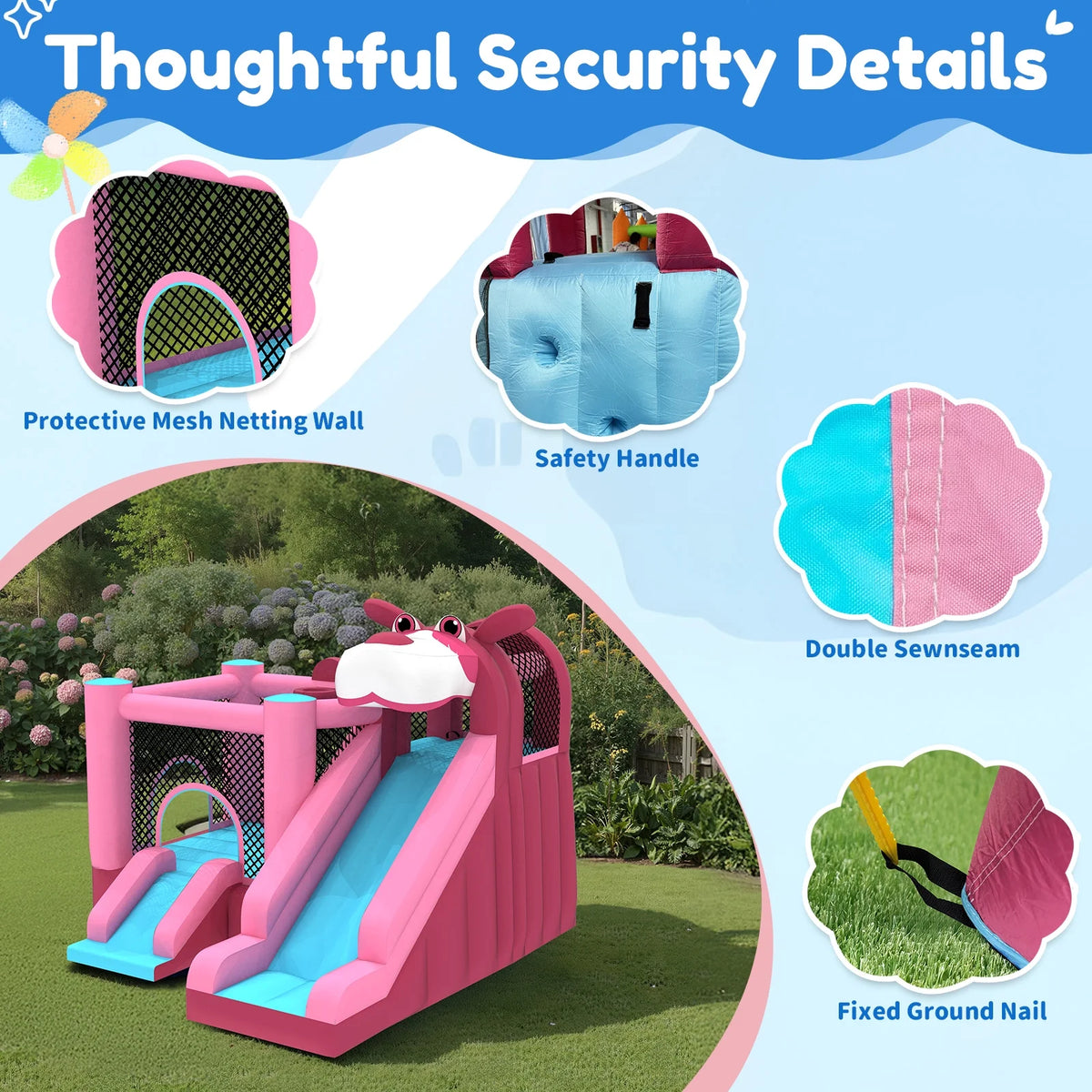 Mukidy 114''x 114'' x 92.5'' Inflatable Bounce Houses for Kids 3-10 with Blower Double Slide and Ball Pit/Indoor Bouncy House, PVC, Child, Teen, Toddler，Blue