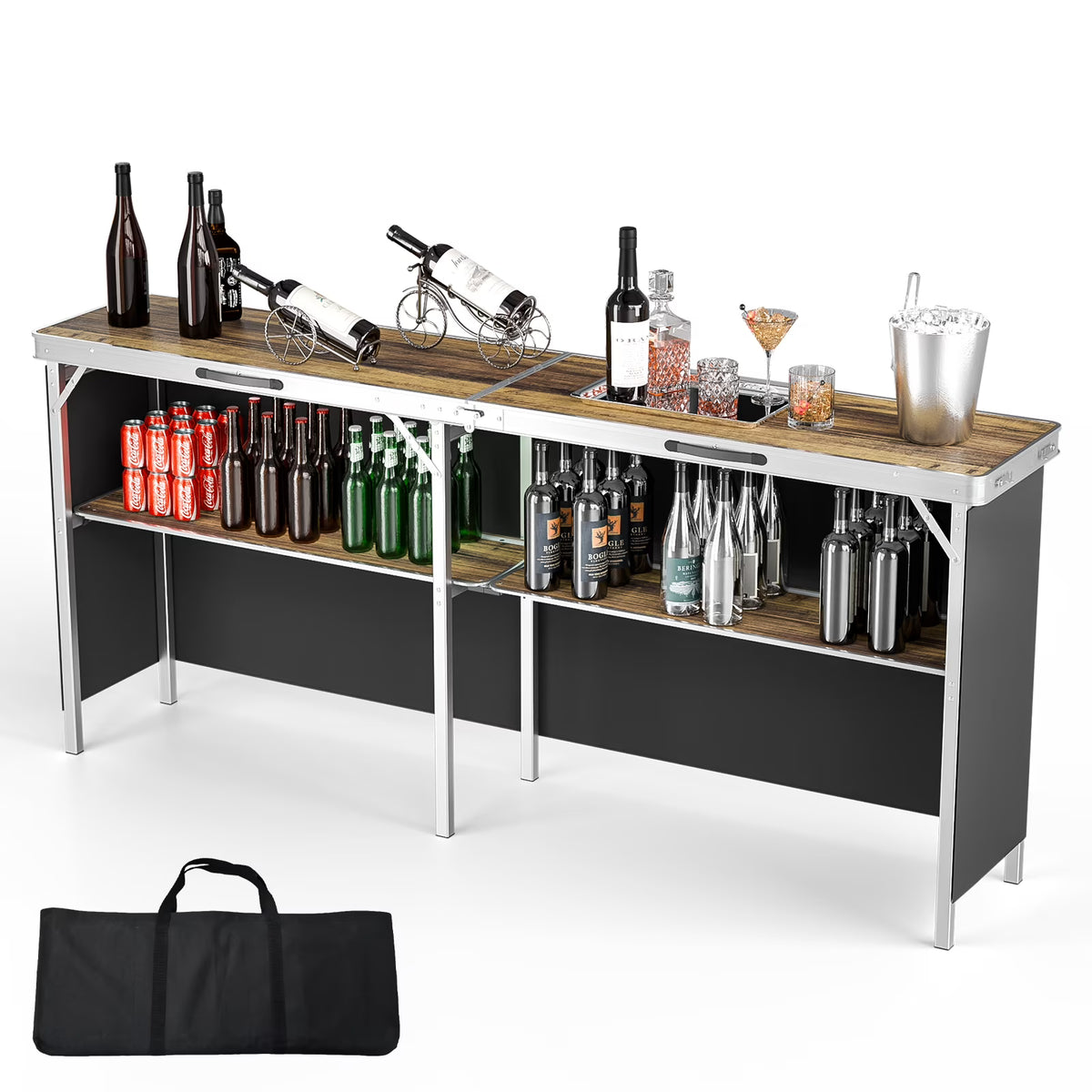 Ktaxon 78" Foldable Bar Table, Mobile Bar with 3-Tier Shelves & Carry Bag - Perfect for Events, Parties, Camping, Picnics, Tradeshows, and Both Outdoor/Indoor Use (Comes with Black Skirt, Black)