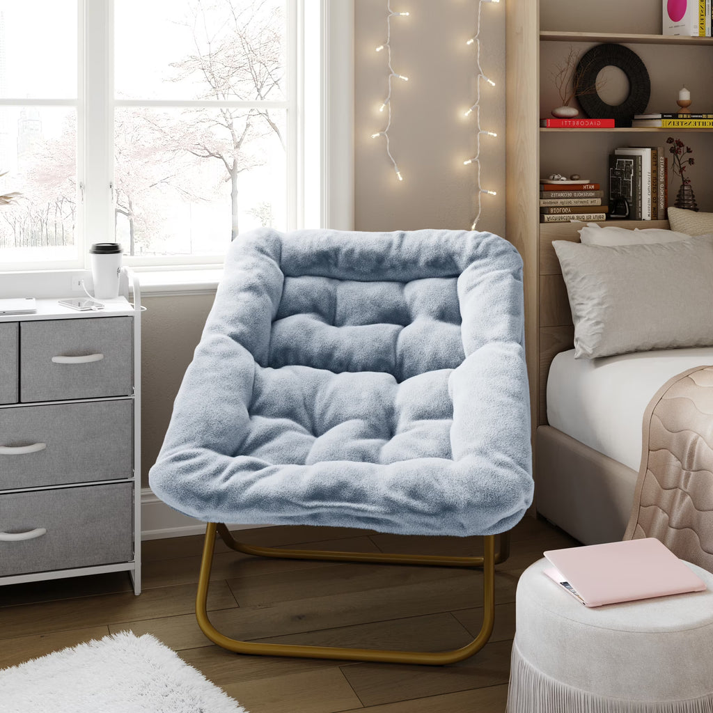 Emma + Oliver Oversized Faux Fur Folding Saucer Chair for Dorm, Bedroom, Black Faux Fur/Black Frame