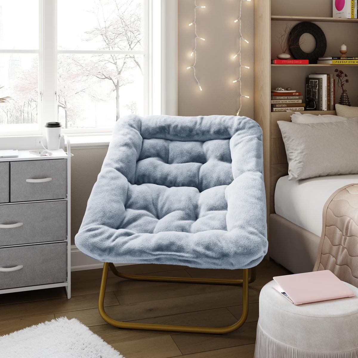 Emma + Oliver Oversized Faux Fur Folding Saucer Chair for Dorm, Bedroom, Black Faux Fur/Black Frame