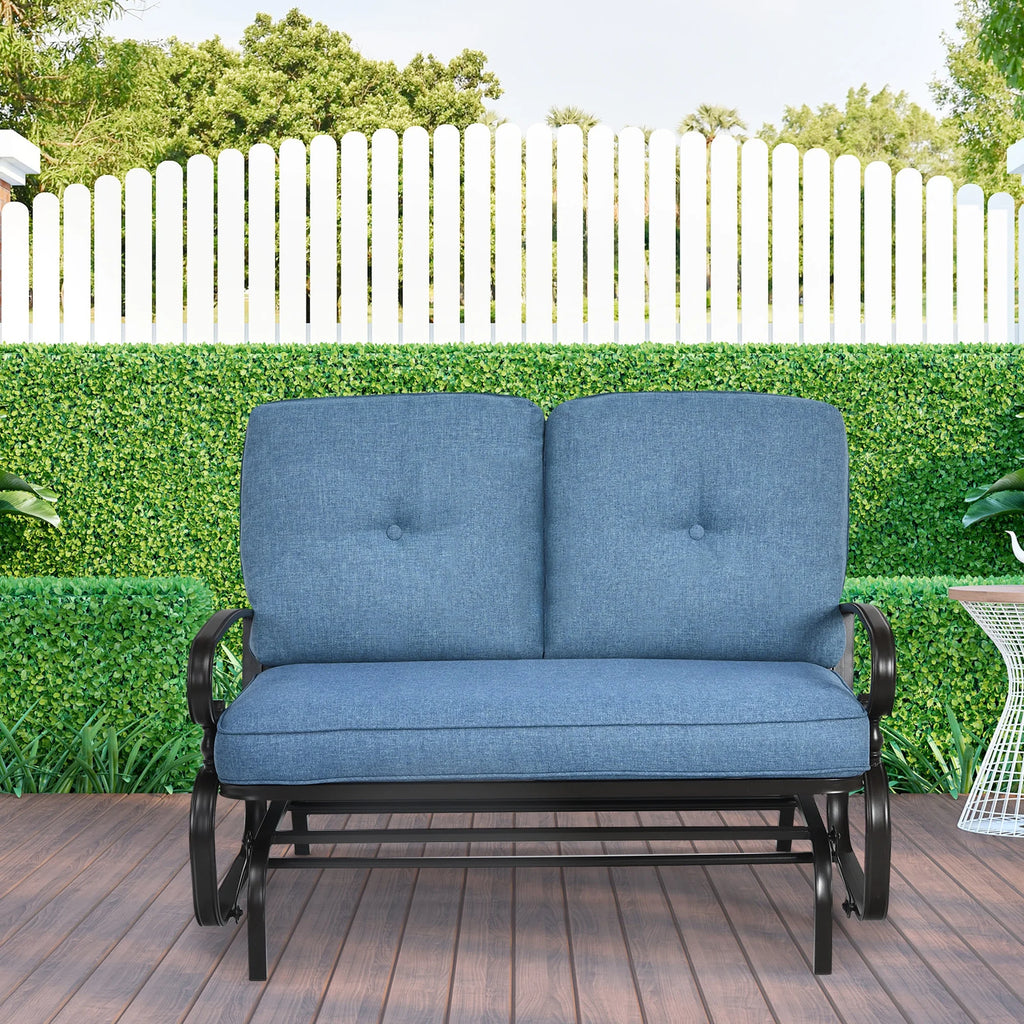 Costway Glider Outdoor Patio Rocking Bench Loveseat Cushioned Seat Steel Frame Blue