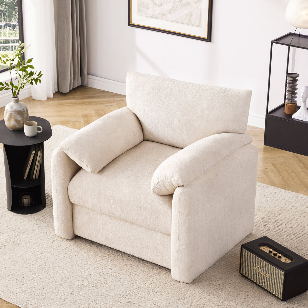 Chenille Oversized Armchair, 38.6" Wide Accent Chairs for Living Room & Bedroom Modern Lounge Chair, Upholstered Mid-Century Reading Chair, Comfy Living Room Chair, Single Sofa Chair, Beige