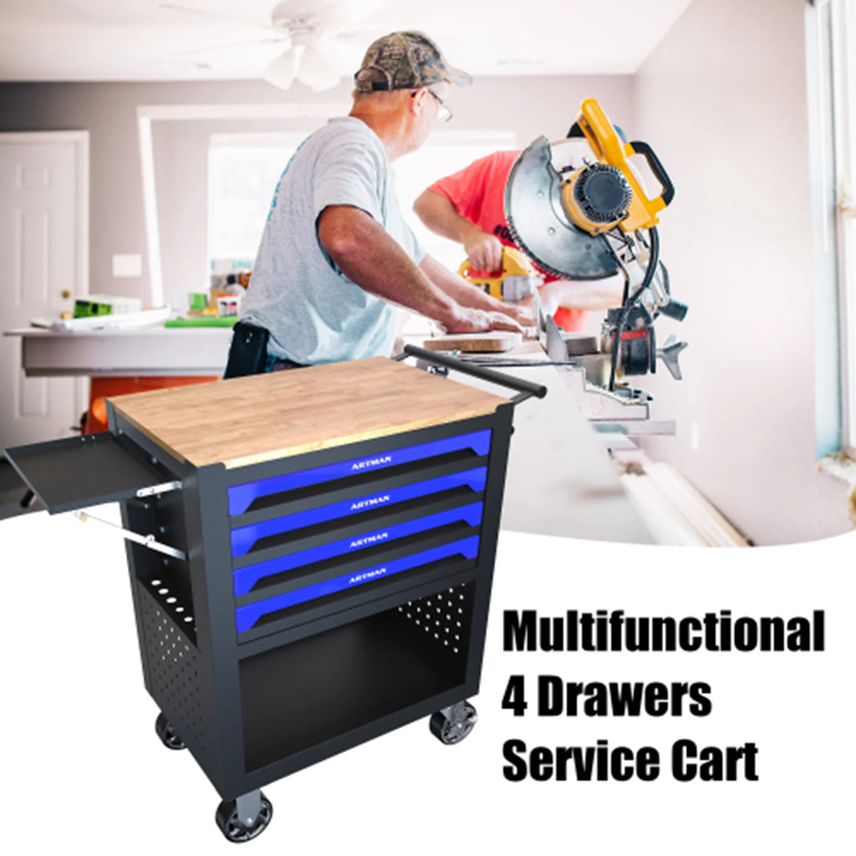 ARTMAN 4-Drawer Tool Cart with Wheels and Drawers ,Wood Top Tool Box Cart for Workshop Warehouse Garage