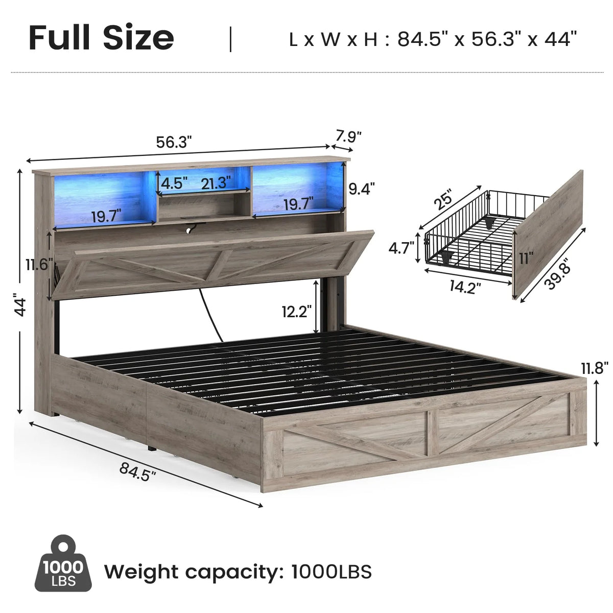 Twin Bed Frame with 4 Storage Drawers and Charging Station, Farmhouse Wooden Led Twin Bed with Storage Hidden Space Headboard and Metal Slats, Gray
