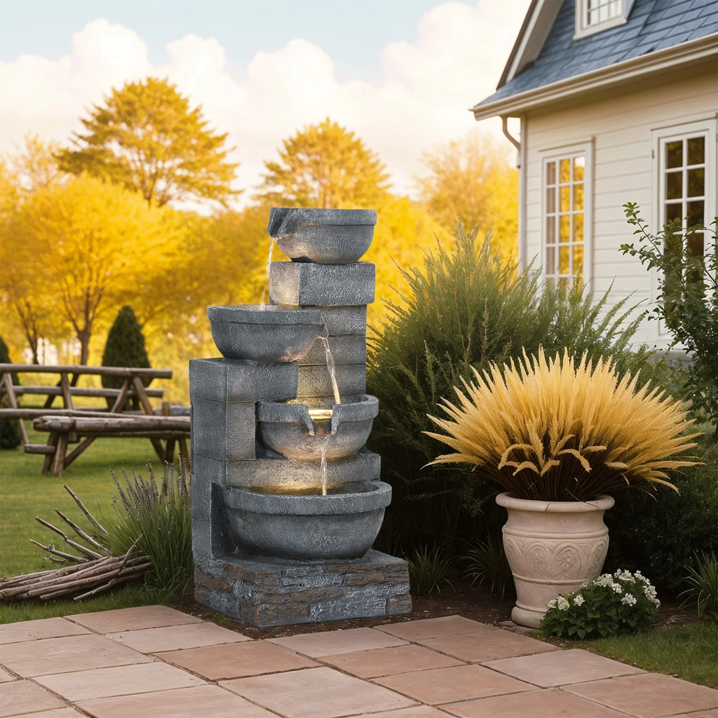 Outsunny 30" Outdoor Fountain with Lights, 4-Tier Resin Cascading Water Bowls Garden Fountain with Pump, Gray