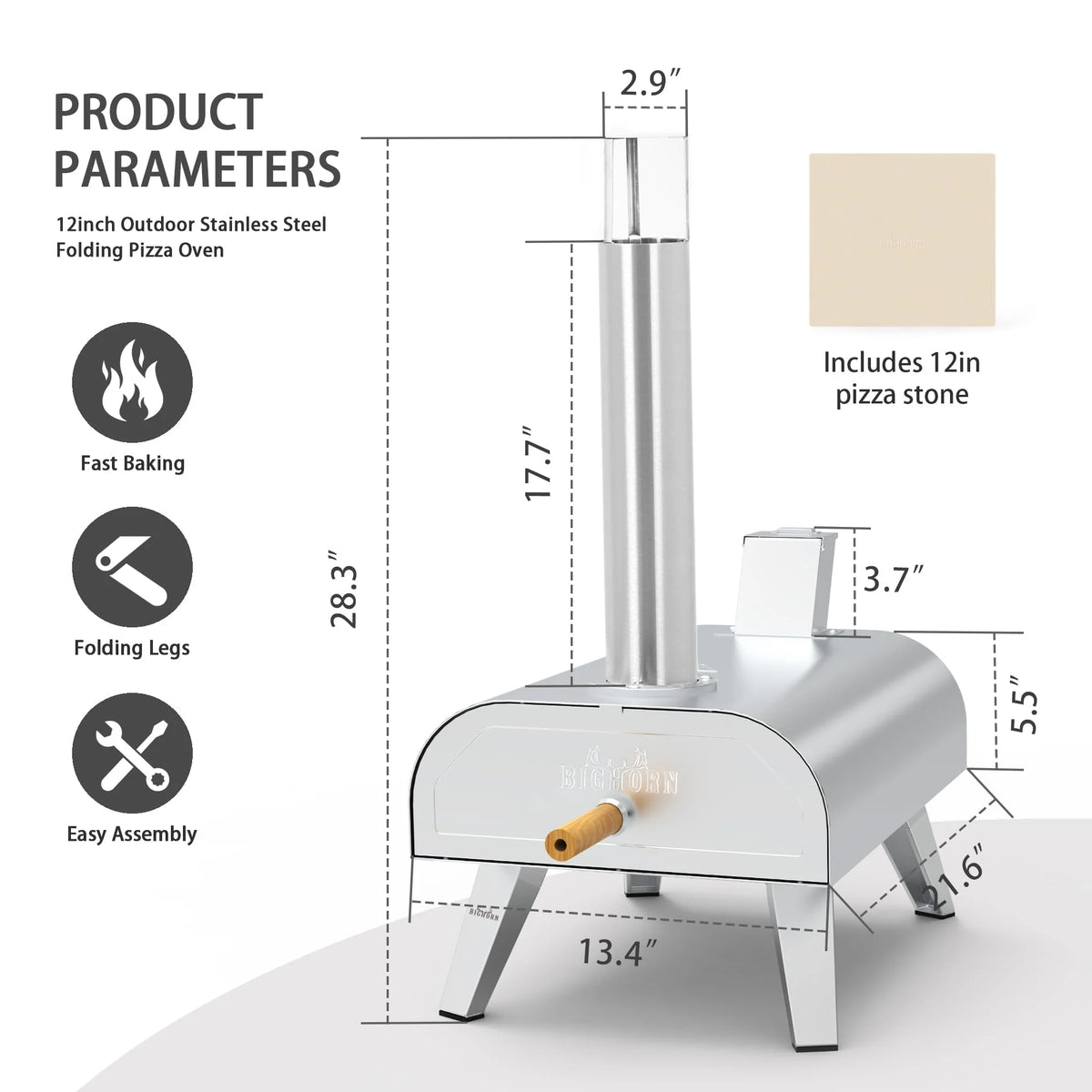 Big Horn Outdoors Wood Pellet, Wood Fired, Stainless Steel Pizza Oven (Silver)