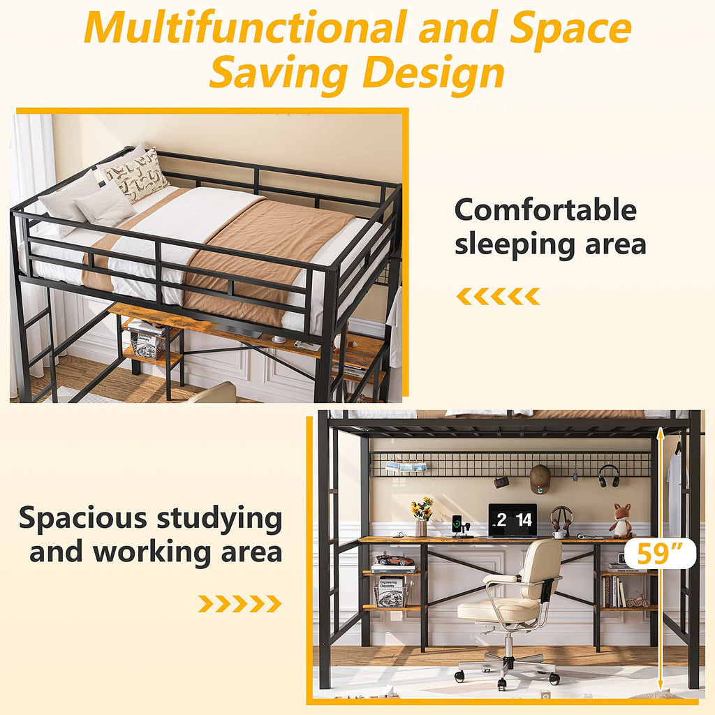 Twin Loft Bed with Desk, UHOMEPRO Metal Loft Bed with LED Lights, Charge Station, DIY Mesh, Clothes Rail, 4 Storage Shelves, Safety Rails and 2 Ladders, Loft Bed for Teen Adult, Black