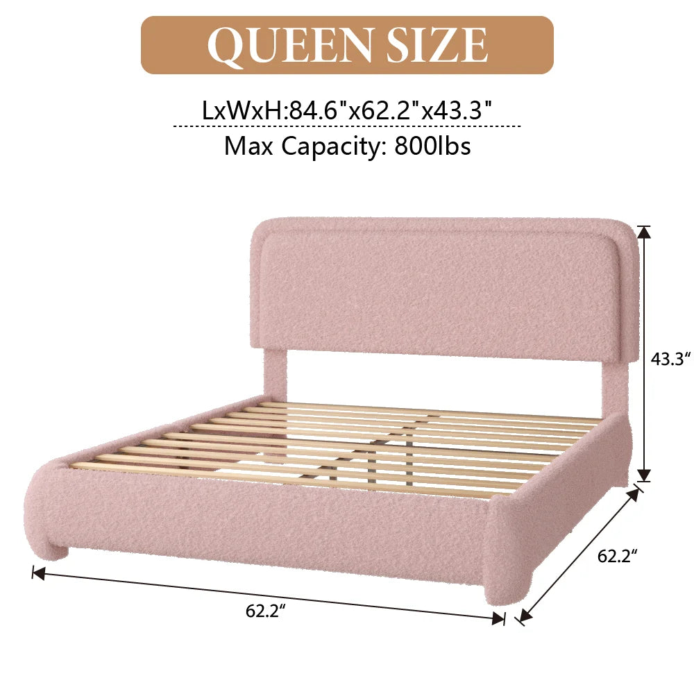 VIPLOV King Size Boucle Bed Frame, Cloud Upholstered Platform Bed with Height Adjustable Headboard & Soft Rounded Corners, No Noise Free, Easy Assembly,Beige