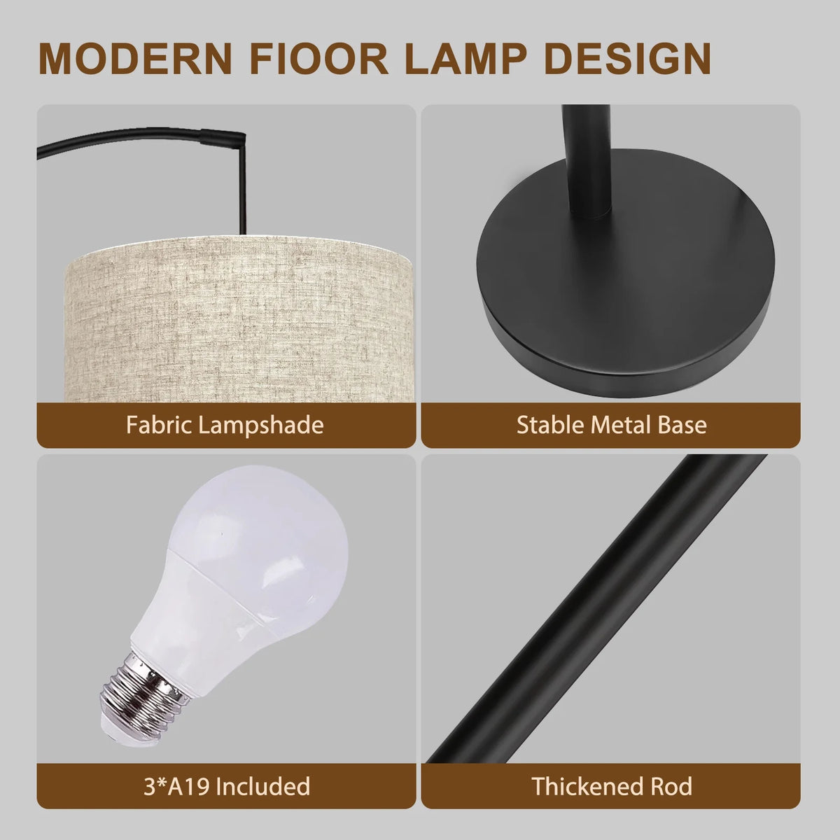 Netin 80 3-Light Modern Dimmable Black Arc Floor Lamp with Beige Shades