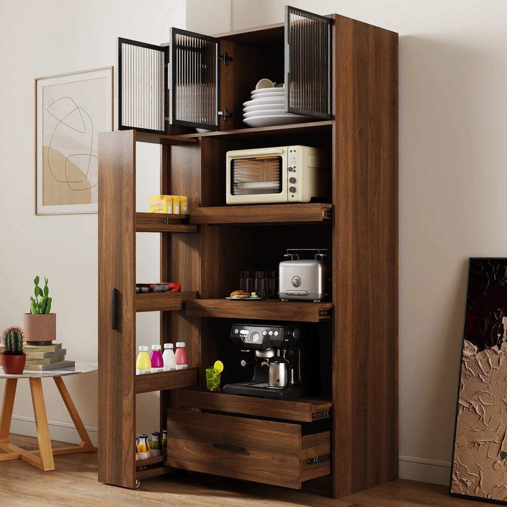 Kitchen Pantry Cabinet w/4-Tier Storage Cart, 2 Drawers & 2 Glass Doors, Tall Storage Cabinet w/Shelves