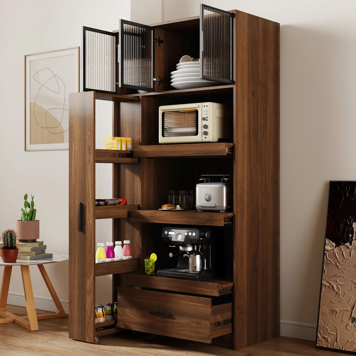 Kitchen Pantry Cabinet w/4-Tier Storage Cart, 2 Drawers & 2 Glass Doors, Tall Storage Cabinet w/Shelves