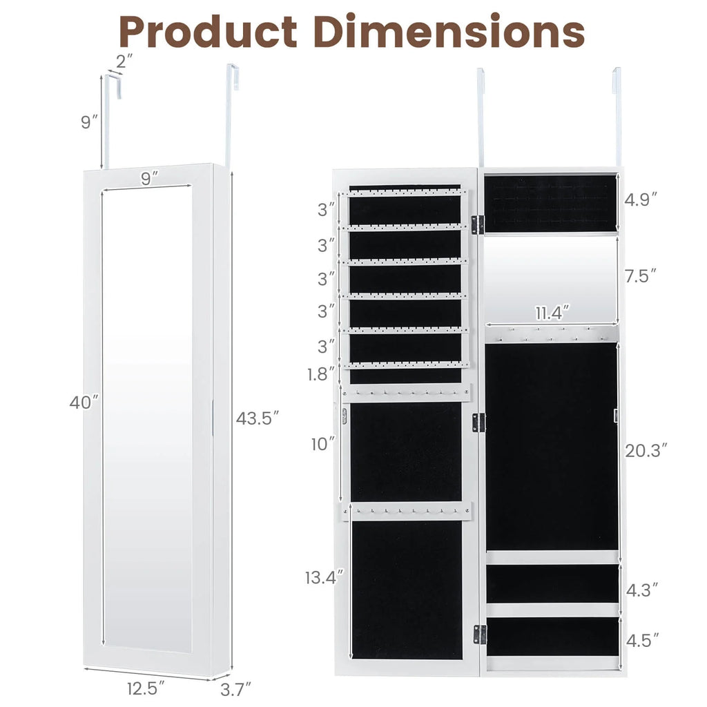 Costway Wall Door Mounted Mirrored Jewelry Cabinet Storage Organizer-Black